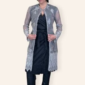 Sue Wong Sheer Gray Lace Duster | Embroidered Jacket w/ Velvet Trim | Medium